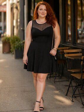 Dividend Black Mesh Neckline Skater Dress Women’s | Sleeveless Fit & Flare
